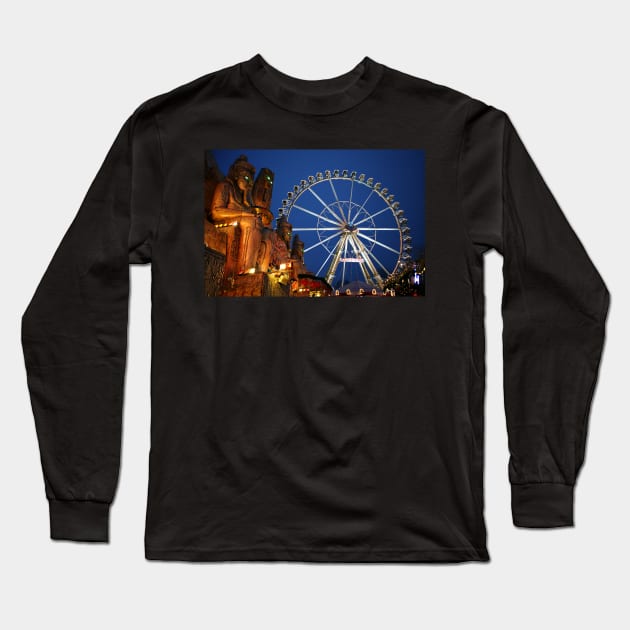 Luxor Temple replica and Giant Ferris wheel at the Christmas Market (Weihnachtsmarkt - Wintertraum am Alexa) near Alexanderplatz, Berlin, Germany Long Sleeve T-Shirt by Reinvention